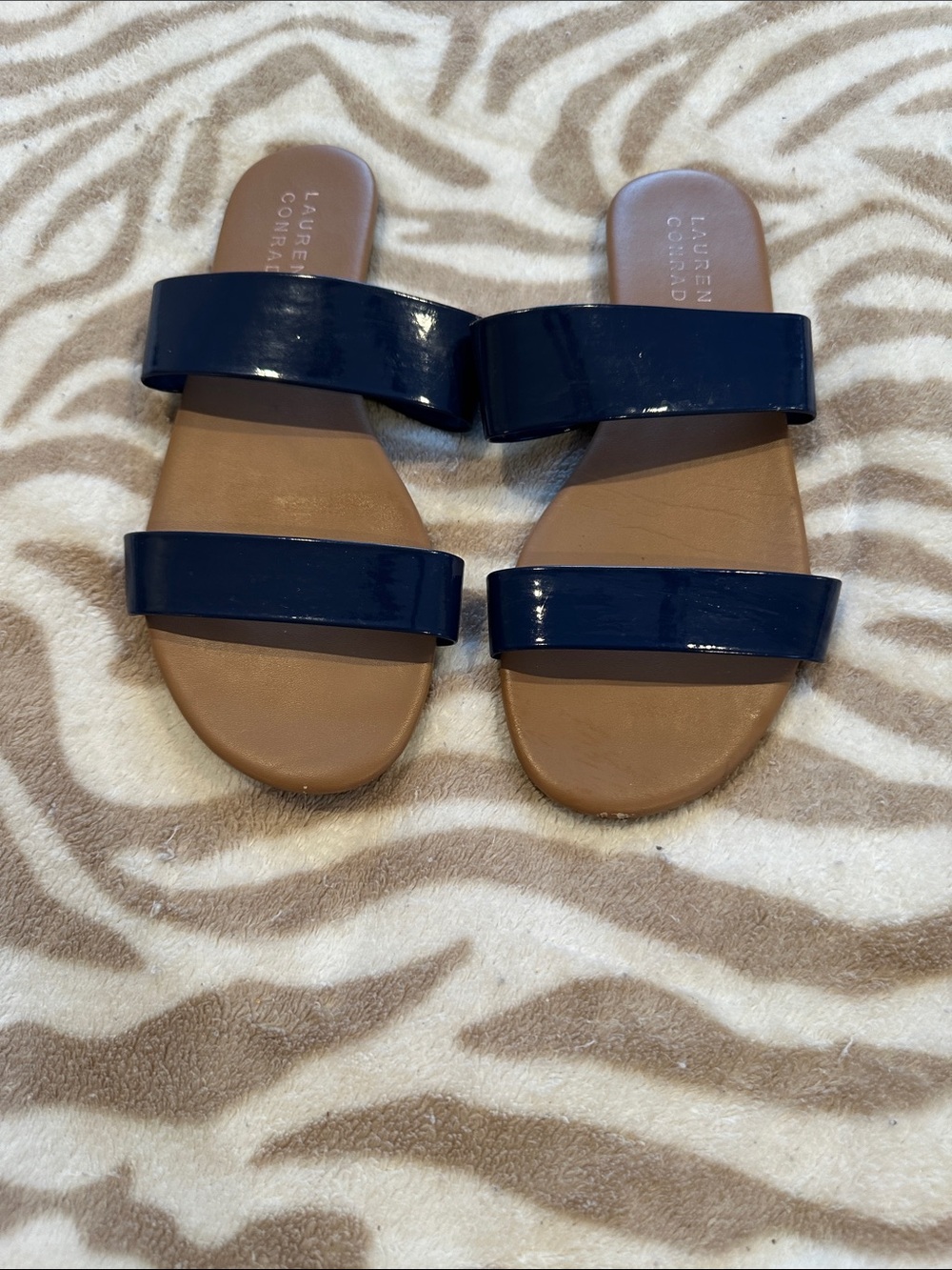 LC Lauren Conrad Navy Double-Strap Slide Sandals with Tan Footbed